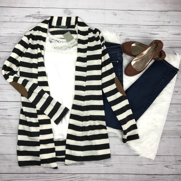 Flaunt Sweaters - NWT Flaunt Suede Elbow Patch Striped Open Cardigan